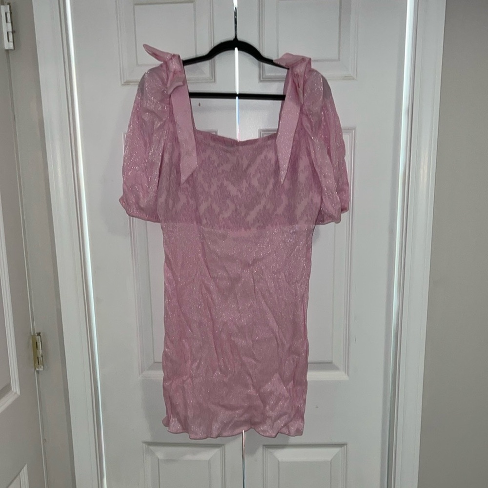 🎆And & Other Stories Shimmer Pink Bow Puff Sleeve Mini Dress Size 12